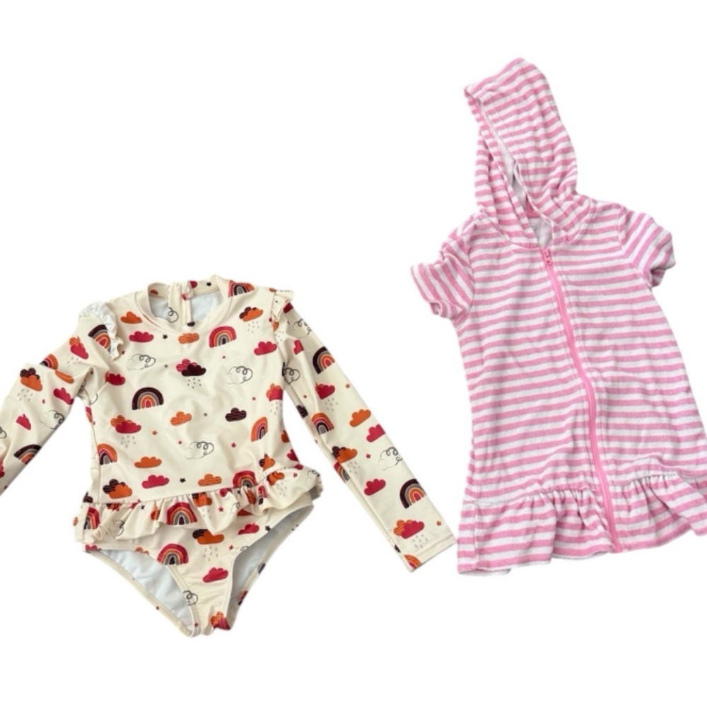 Lot Of 2 4T Girls Rash Guard Swimsuit & Cover-Up (Wonder Nation) Rainbow Stripes